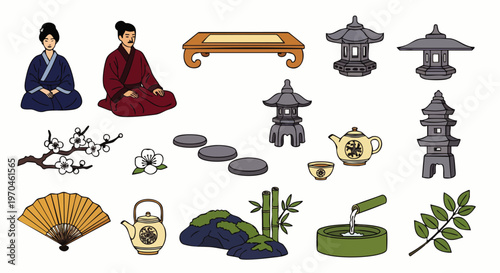 Traditional Japanese and Asian cultural elements vector illustration set. Icons of people, tea sets, stone lanterns, cherry blossoms, bamboo, and fans, representing oriental heritage and ancient