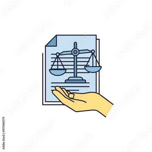 Hand holding a document with scales of justice, symbolizing legal rights, law, and justice