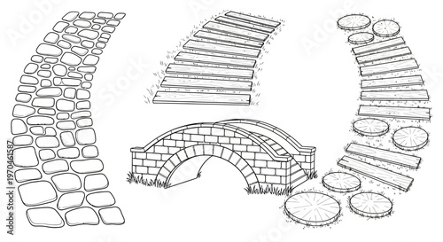 Stone path and bridge sketch set with stepping stones line art