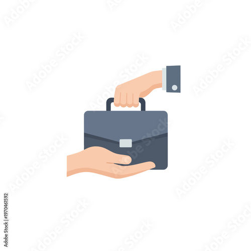 Business transaction icon. Hand giving a professional briefcase to another, symbolizing a corporate deal, asset transfer, or successful exchange