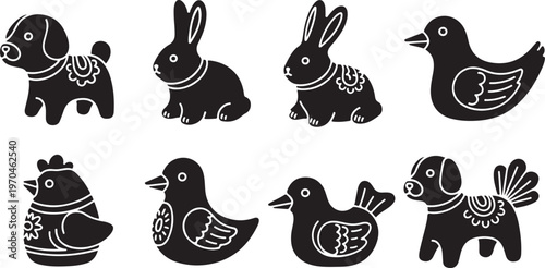 Set of black silhouette of folk clay animal whistles and figurines