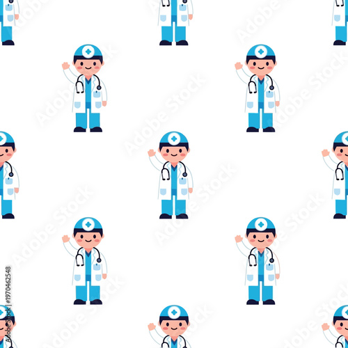 Seamless Pattern of Cute Cartoon Doctor Characters.