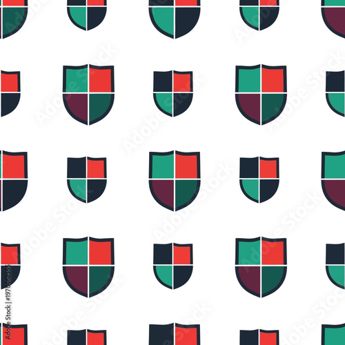 Seamless Pattern of Geometric Shields in Red and Teal Colors.