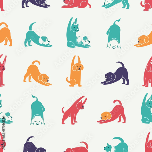 Seamless pattern of playful dogs in yoga poses.