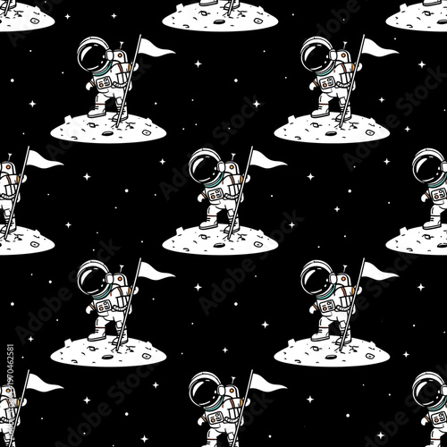 Astronaut standing on moon holding flag illustration.