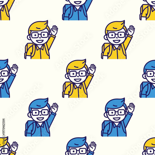 Seamless pattern of waving cartoon school children with backpacks.