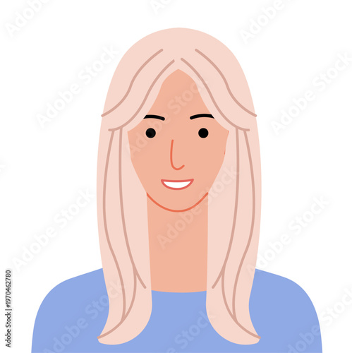 Curtain Bangs hairstyle flat vector front view, long hair shape parted fringe composition for avatar, beauty app, interface, fashion illustration