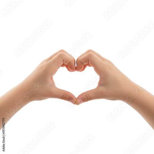 Two pairs of delicate children hands with soft skin touching at fingertips and wrists to form a symmetrical heart shape against a bright white background unity