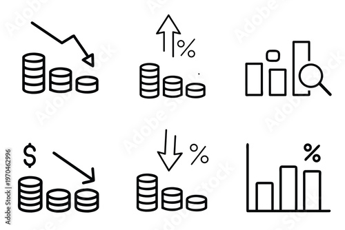 Finance and investment line icons set featuring money jar house graph and coin stacked and check more vector illustration with editable stroke.