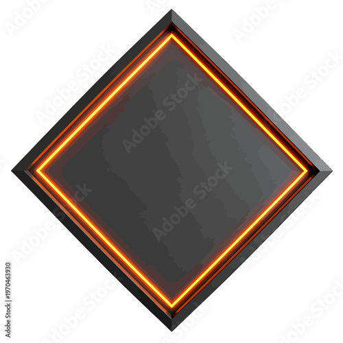 A dark, metallic diamond shape with a glowing orange neon outline
