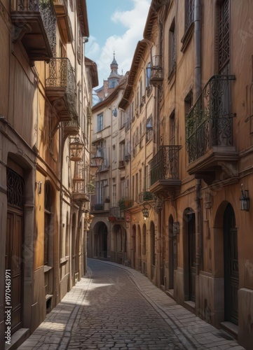 A narrow alleyway lined with historic buildings and ornate balconies in Vieux Lyon,  ornate balconies, narrow alley