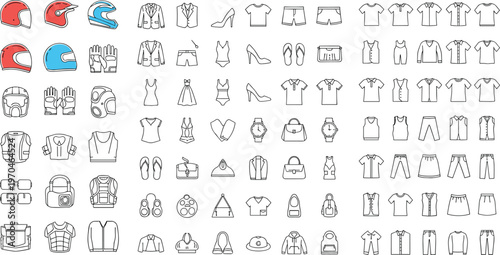Mega collection of fashion and safety gear line icons featuring motorcycle helmets protective clothing casual wear dresses suits and accessories vector set.