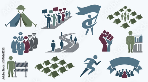 Collection of stylized icons representing various aspects of social movements, protests, and community organization, including tents, marching figures, and symbols of unity and resistance.