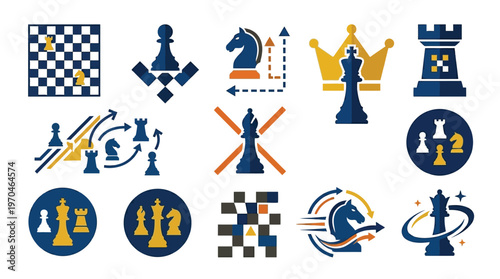 Collection of stylized chess icons and graphics, featuring chessboards, pieces, and strategic elements.