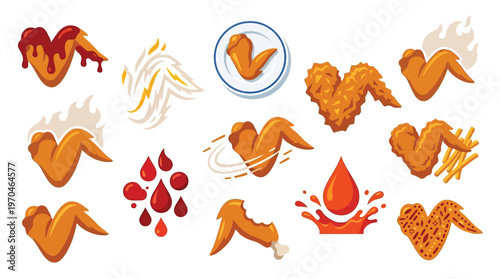 A vibrant collection of diverse chicken wing illustrations, showcasing various preparations, sauces, and accompaniments in a playful, graphic style.