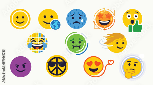 A vibrant collection of diverse emoji faces expressing a wide range of emotions and concepts, presented in a flat design style.
