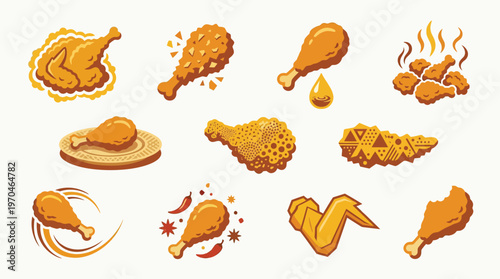 A vibrant collection of delicious fried chicken illustrations, showcasing various cuts and preparations, perfect for culinary themes.