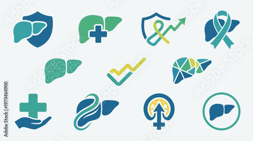 Collection of stylized liver icons representing health, medical care, and awareness campaigns.