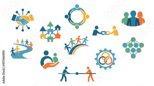 Collection of diverse icons illustrating teamwork, collaboration, community building, and social connections.