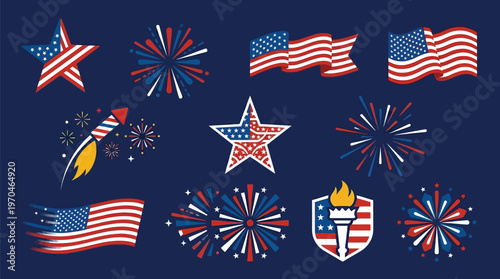 Collection of American patriotic symbols including stars, fireworks, flags, and a torch of liberty on a dark blue background.