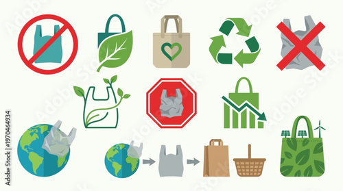 Collection of icons illustrating the negative impact of plastic bags on the environment and promoting eco-friendly alternatives.