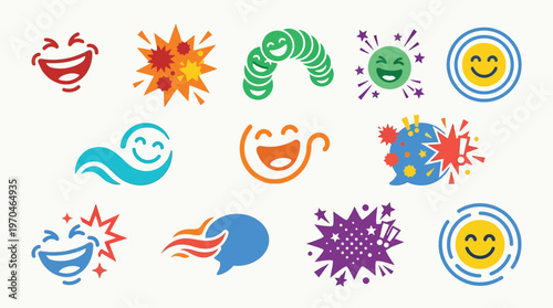 Collection of cheerful and energetic cartoon icons representing laughter, joy, and positive emotions with vibrant colors and dynamic designs.