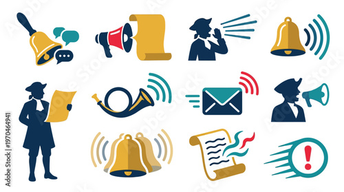 Collection of historical communication icons featuring bells, megaphones, scrolls, and figures in colonial attire announcing news.