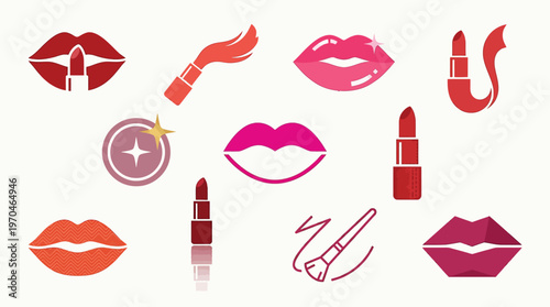 Collection of stylized lip and lipstick icons, showcasing various colors and artistic representations of beauty products.