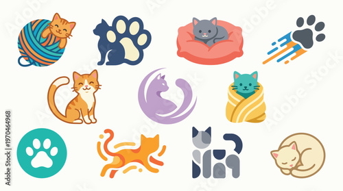 A collection of diverse and stylized cat icons, showcasing various artistic interpretations of felines in different poses and activities.