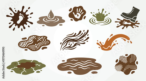 Collection of various mud splash and puddle illustrations, including footprints, handprints, and boot prints.