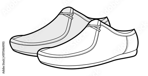 Clog Wallabee women sketch pair. Rounded toe slip on footwear for casual city outfit relaxed look. Technical fashion illustration CAD mockup detailed vector man unisex isolated classic style.