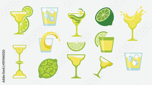 A vibrant collection of stylized lime-themed cocktails and fresh limes, showcasing various glassware and refreshing drink presentations.