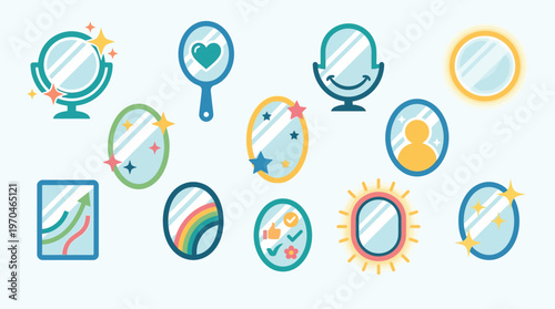 A collection of diverse mirrors reflecting different concepts and symbols, including growth, love, and positivity.