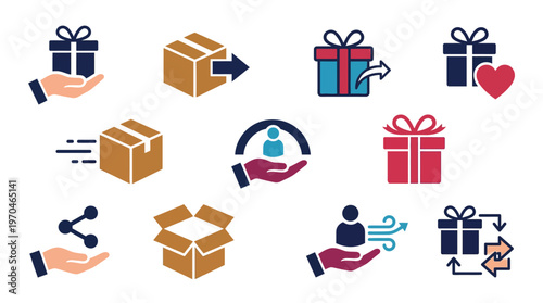Collection of icons representing various aspects of gift delivery, shipping, and customer service, including hands holding gifts, packages, and sharing symbols.