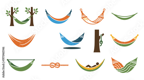 Collection of diverse hammock illustrations, showcasing various designs, materials, and settings, including those suspended between trees and on stands, with a person relaxing in one.