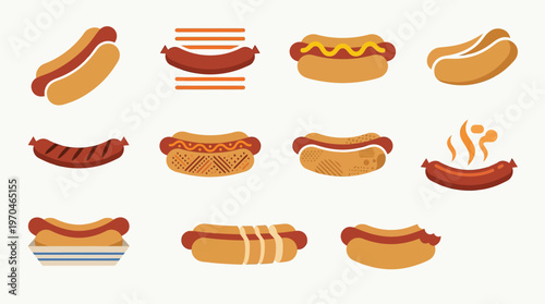 A collection of twelve different illustrations of hot dogs in various styles and preparations, presented on a plain background.