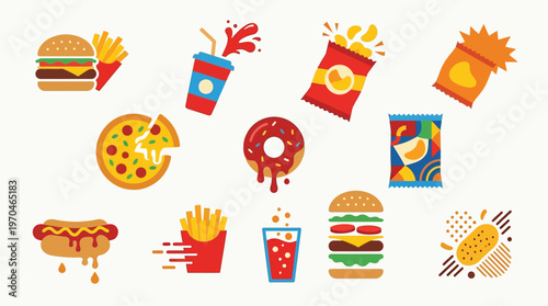 A vibrant collection of popular fast food items, including burgers, pizzas, hot dogs, donuts, and various snacks, presented in a playful, illustrative style.