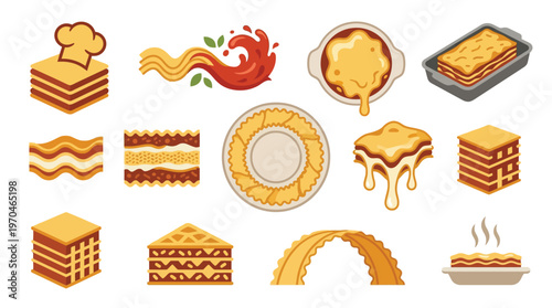 A collection of isometric illustrations depicting various forms and preparations of lasagna, a popular Italian pasta dish.
