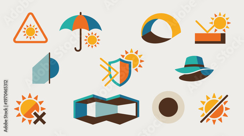 Collection of icons representing sun protection, heat, and outdoor safety measures.
