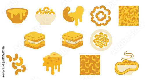 A vibrant collection of stylized illustrations depicting various forms of macaroni and cheese, showcasing different textures and presentations of this popular comfort food.