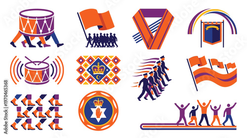 Collection of stylized graphic icons depicting marching bands, parades, and civic symbols, featuring drums, flags, and figures in motion.