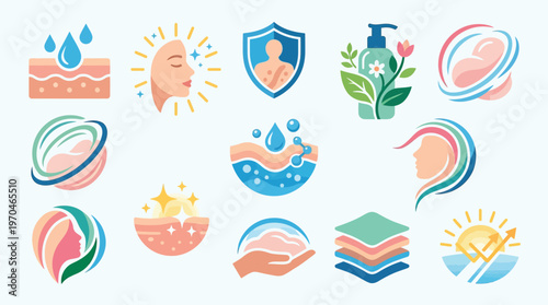 Collection of 15 diverse icons representing skincare, beauty, and health concepts, featuring skin layers, facial profiles, protective shields, and natural elements.
