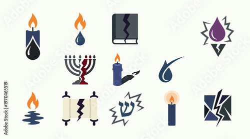 Collection of symbolic icons representing themes of loss, mourning, and remembrance, including candles, tears, broken objects, and religious symbols.