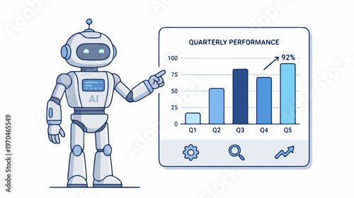 Minimal flat vector illustration of an AI robot analyzing business data with a simple chart. Clean icon style suitable for analytics and technology concepts.