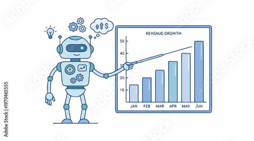 Minimal flat vector illustration of an AI robot analyzing business data with a simple chart. Clean icon style suitable for analytics and technology concepts.