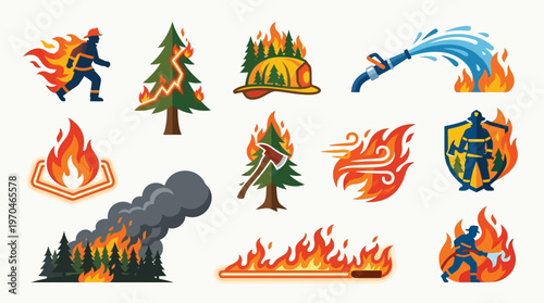 Collection of graphic illustrations depicting various aspects of firefighting and forest fires, including firefighters, burning trees, smoke, and water hoses.