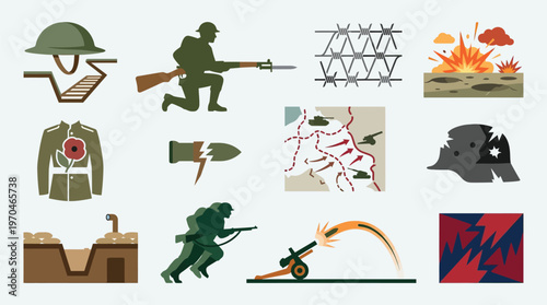 Collection of flat design icons representing elements of World War I, including soldiers, trenches, artillery, and battlefield maps.