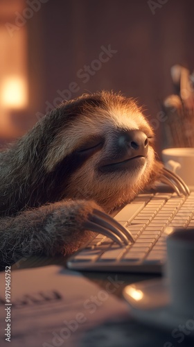 Sloth Typing On Keyboard In Dimly Lit Office With Warm Light And Coffee Mug
