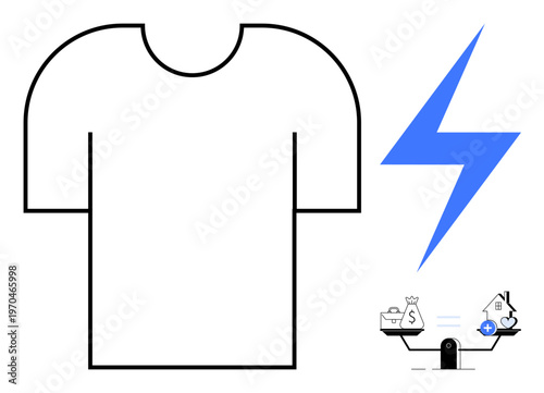 T-Shirt and lightning bolt. Energy efficiency and sustainable concepts relating to power and cost balance. Energy as the focus emphasizing efficiency, affordability, and renewable usage. Perfect
