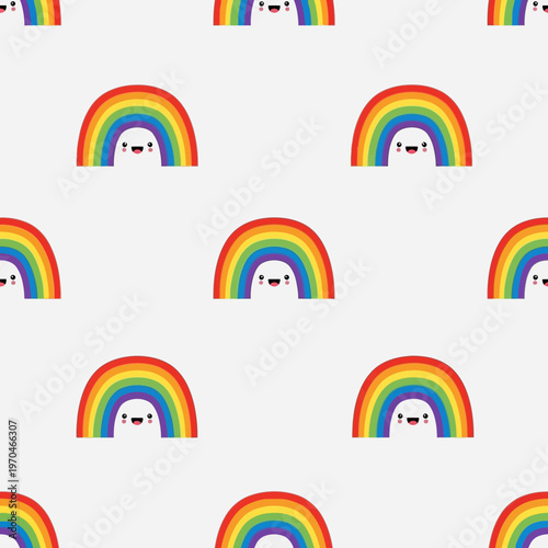 Cute Kawaii Rainbow Character with Smiling Face Seamless Pattern.
